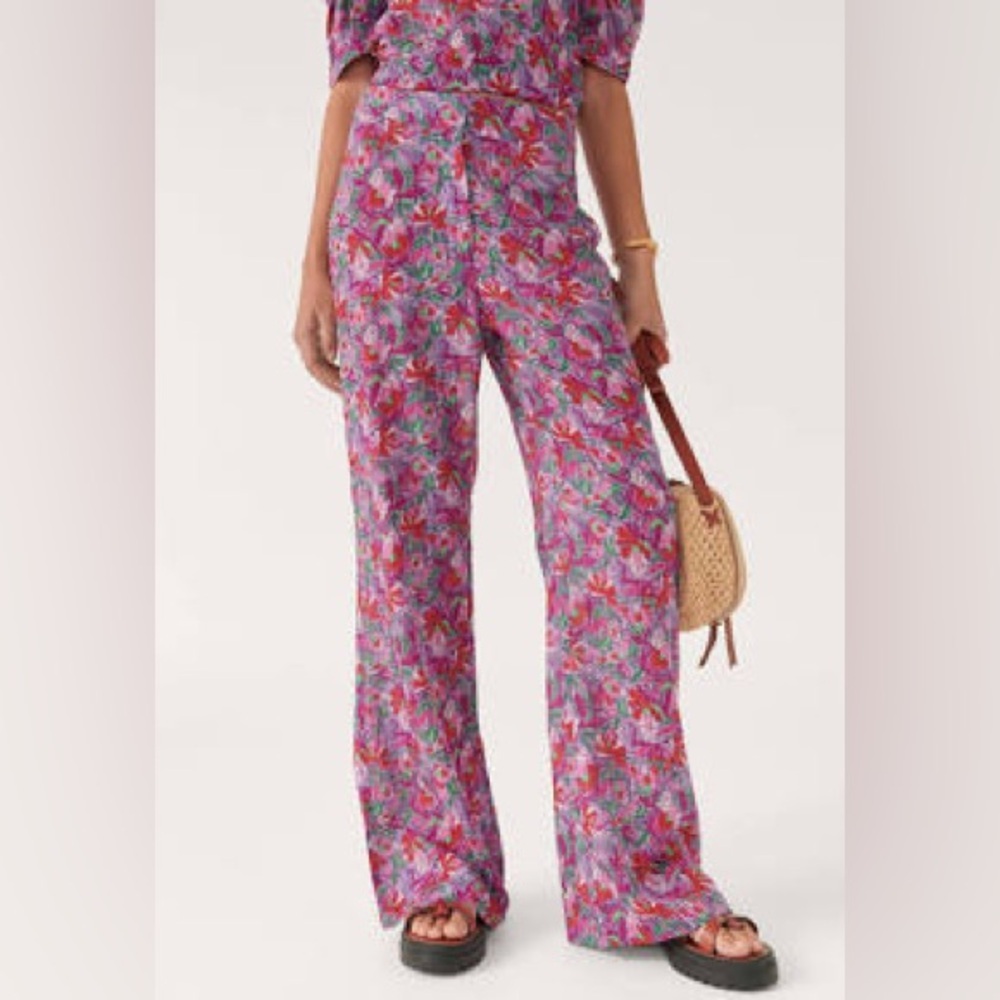 BA&SH Abo Floral Print Violet Purple High Waist Flowy Trouser Pants EUC Size XS